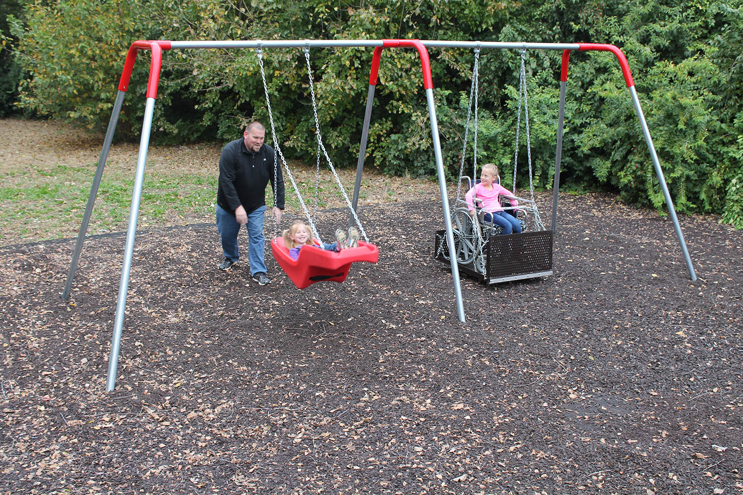 Sports Play 2 Bay ADA Swing W / Wheelchair Platform and JennSwing